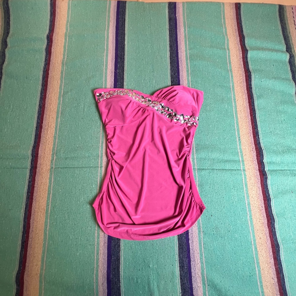 Y2k Tube Top Women L Pink Rhinestone Sweetheart Strapless Y2K Polaris Glam